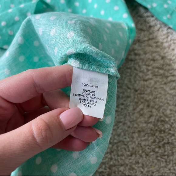 J Crew Green White Polka Dots 100% Linen Button Up Shirt Size XL Office Beach - Picture 7 of 8